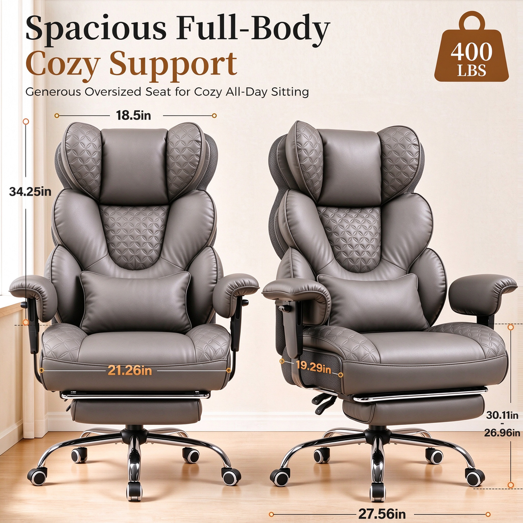 GTPOFFICE Big and Tall Office Chair Wide Seat & Armrests, Leather Executive Gaming Chair High Back,Soft Yet Supportive Resilient Foam, Heavy Duty Ergonomic Lumbar Support Chairs for Back Pain Relief