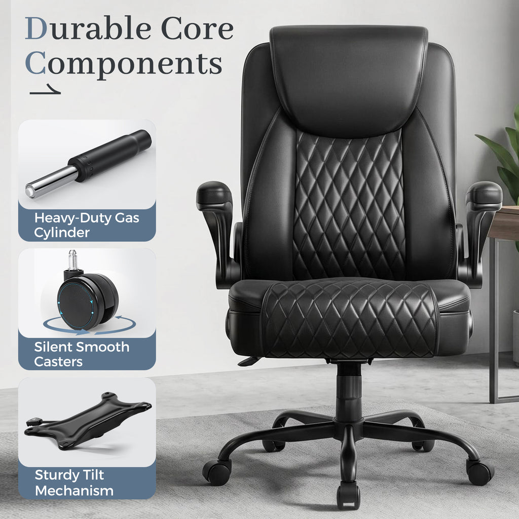 GTPOFFICE Executive Office Chair with Comfortable Lumbar Support, Ergonomic Gaming Chair with Flip-up Armrests & Zoned Pressure-Relief Cushion, Comfy PU Leather Desk Chair, Black