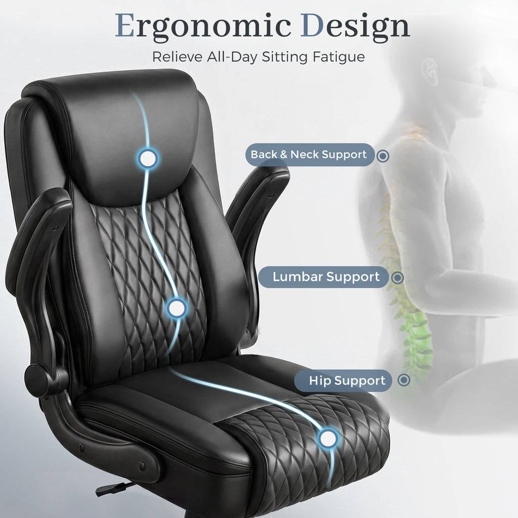 GTPOFFICE Executive Office Chair with Comfortable Lumbar Support, Ergonomic Gaming Chair with Flip-up Armrests & Zoned Pressure-Relief Cushion, Comfy PU Leather Desk Chair, Black