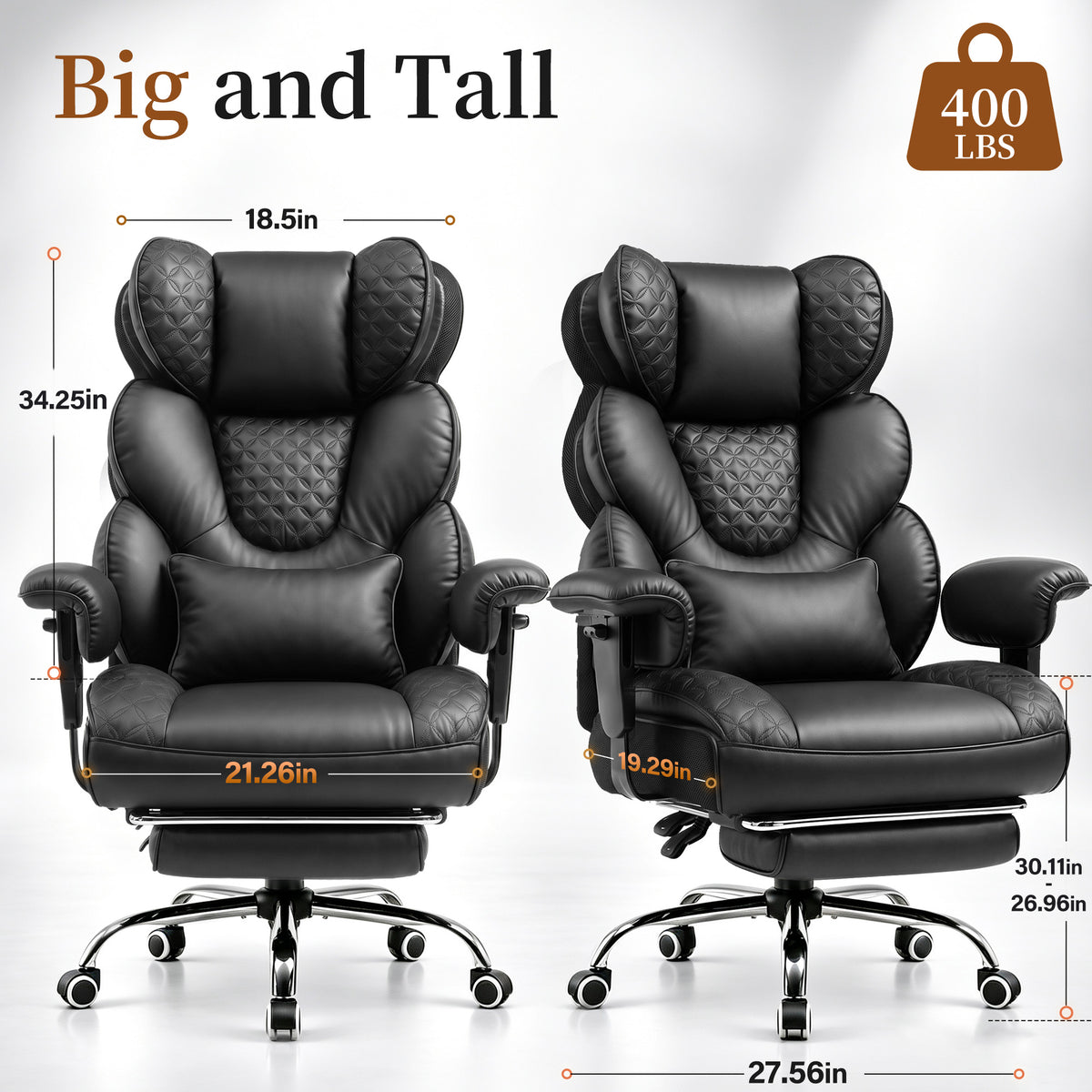 GTPOFFICE Big and Tall Office Chair Wide Seat & Armrests, Leather Executive Gaming Chair High Back,Soft Yet Supportive Resilient Foam, Heavy Duty Ergonomic Lumbar Support Chairs for Back Pain Relief