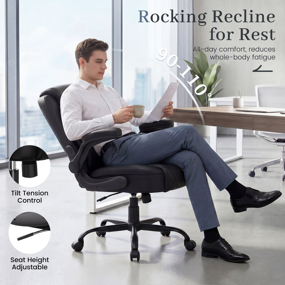 GTPOFFICE Executive Office Chair with Comfortable Lumbar Support, Ergonomic Gaming Chair with Flip-up Armrests & Zoned Pressure-Relief Cushion, Comfy PU Leather Desk Chair, Black
