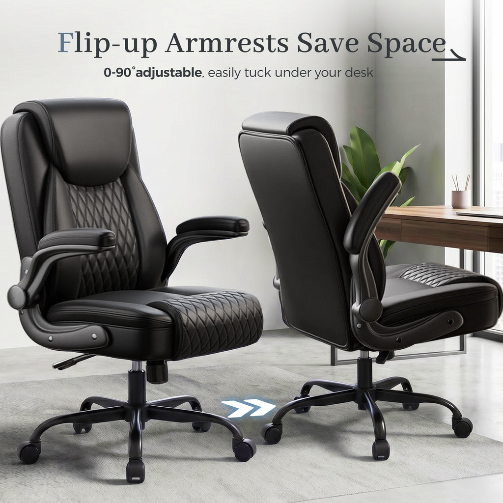 GTPOFFICE Executive Office Chair with Comfortable Lumbar Support, Ergonomic Gaming Chair with Flip-up Armrests & Zoned Pressure-Relief Cushion, Comfy PU Leather Desk Chair, Black