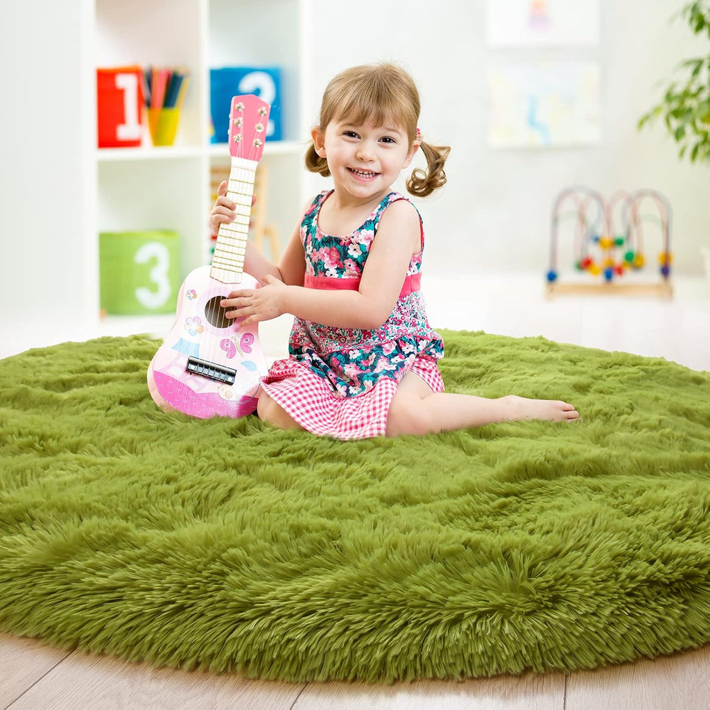 GTPOFFICE  Round Rug, 4ft, Green, Soft Area Rugs for Kids Girls Room Decor, Fluffy Shaggy Carpet, Circular Nursery Rug for Baby Room Home Decor