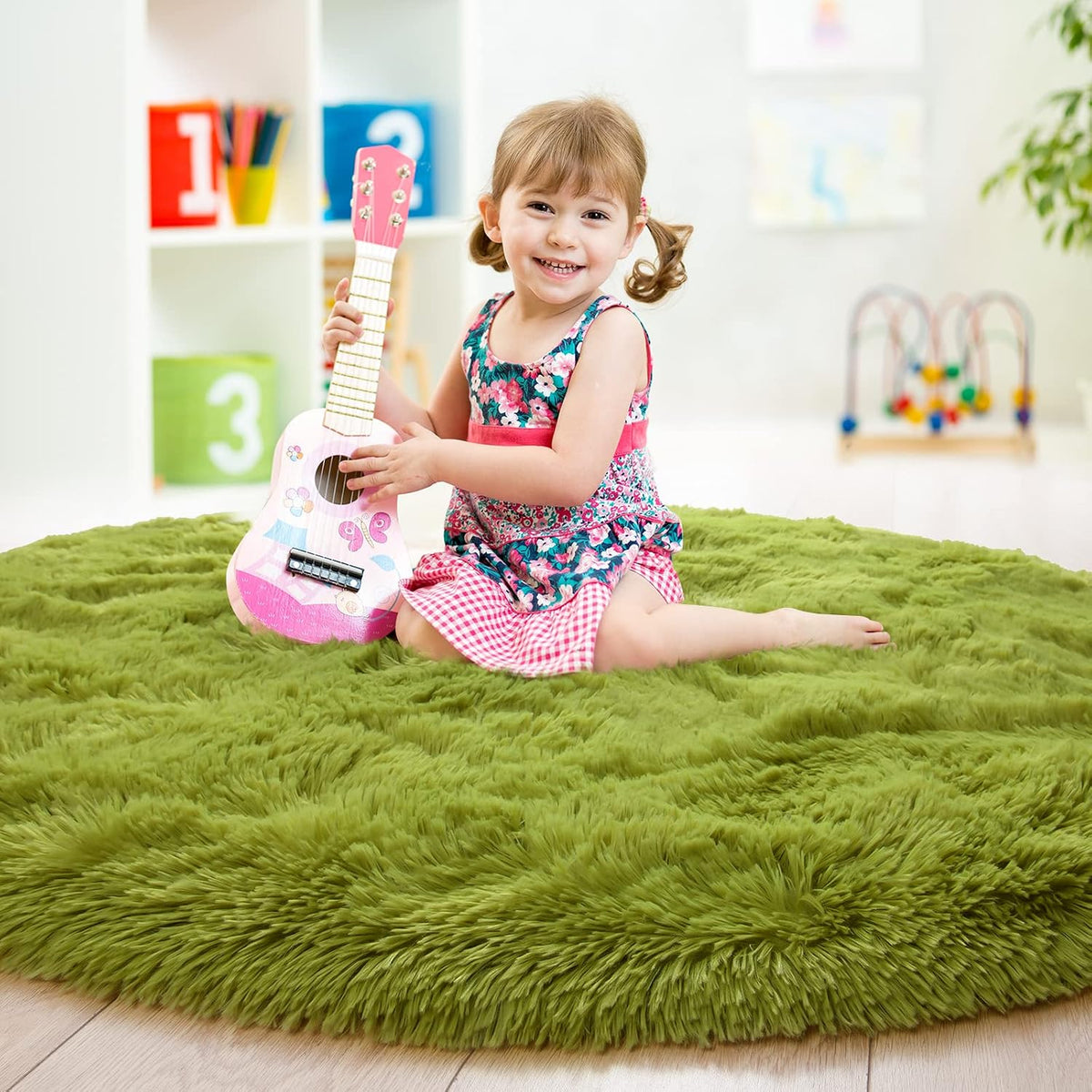 GTPOFFICE  Round Rug, 4ft, Green, Soft Area Rugs for Kids Girls Room Decor, Fluffy Shaggy Carpet, Circular Nursery Rug for Baby Room Home Decor
