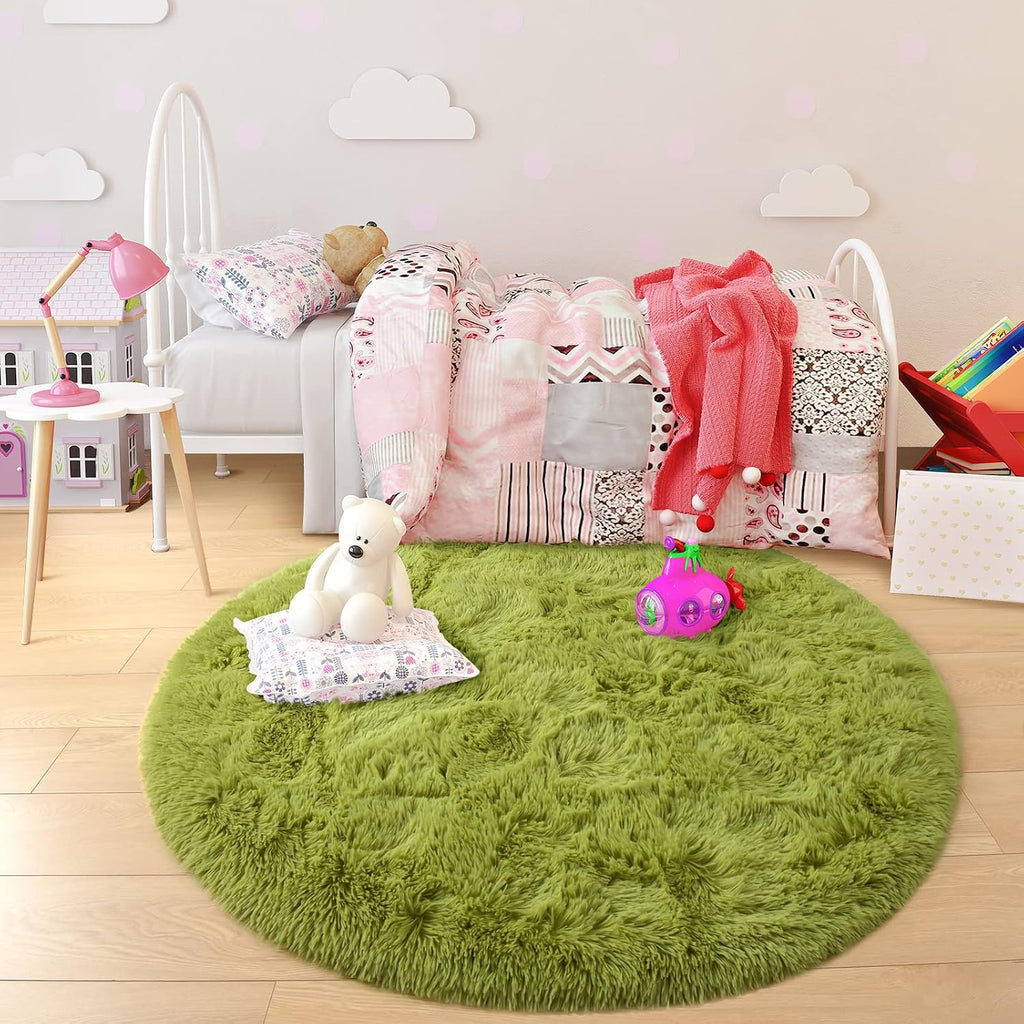 GTPOFFICE  Round Rug, 4ft, Green, Soft Area Rugs for Kids Girls Room Decor, Fluffy Shaggy Carpet, Circular Nursery Rug for Baby Room Home Decor