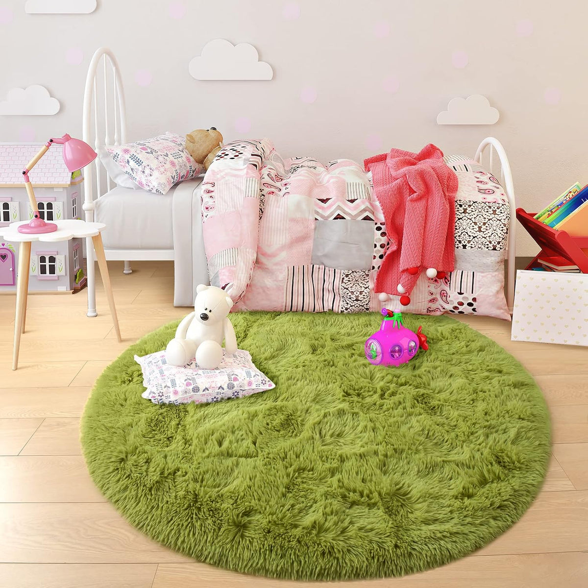 GTPOFFICE  Round Rug, 4ft, Green, Soft Area Rugs for Kids Girls Room Decor, Fluffy Shaggy Carpet, Circular Nursery Rug for Baby Room Home Decor