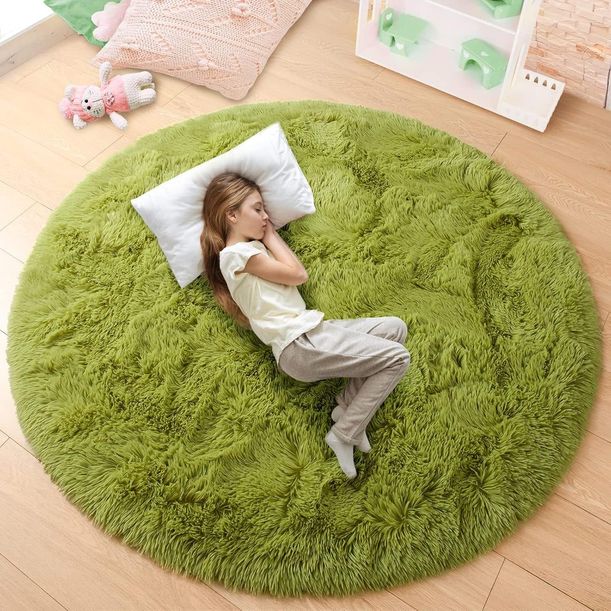 GTPOFFICE  Round Rug, 4ft, Green, Soft Area Rugs for Kids Girls Room Decor, Fluffy Shaggy Carpet, Circular Nursery Rug for Baby Room Home Decor