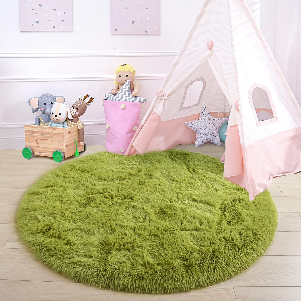 GTPOFFICE  Round Rug, 4ft, Green, Soft Area Rugs for Kids Girls Room Decor, Fluffy Shaggy Carpet, Circular Nursery Rug for Baby Room Home Decor